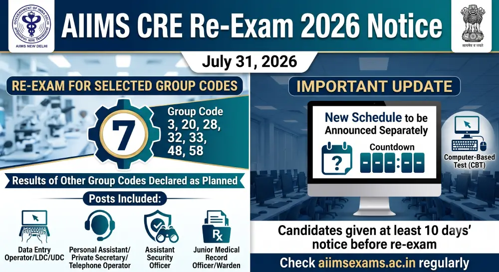AIIMS CRE Re Exam Date 2026 Out: 7 Group Codes के लिए री-एग्जाम शेड्यूल जारी, Post-wise Schedule देखें 2 AIIMS CRE Re Exam Date 2026