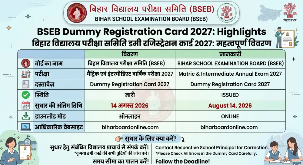 BSEB Dummy Registration Card 2027 जारी: बिहार बोर्ड 10वीं, 12वीं डमी रजिस्ट्रेशन कार्ड डाउनलोड करें 2 BSEB Dummy Registration Card 2027