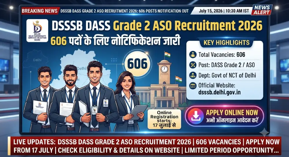 DSSSB DASS ग्रेड 2 ASO भर्ती 2026: 606 पदों के लिए नोटिफिकेशन जारी, ऑनलाइन आवेदन17 जुलाई से 7 DSSSB DASS ग्रेड 2 ASO भर्ती 2026