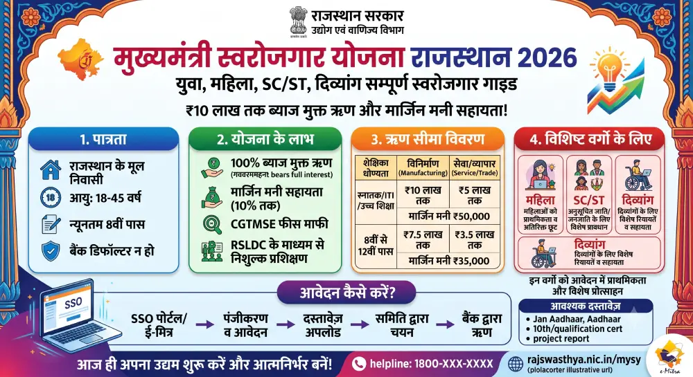 मुख्यमंत्री स्वरोजगार योजना राजस्थान 2026 – युवा, महिला, SC/ST, दिव्यांग सम्पूर्ण स्वरोजगार गाइड 6 मुख्यमंत्री स्वरोजगार योजना राजस्थान 2026
