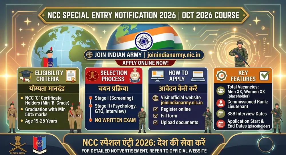NCC Special Entry Notification 2026 Out @joinindianarmy.nic.in | Apply Online, Eligibility, SSB Selection | NCC स्पेशल एंट्री 2026 2 Indian Army NCC Special Entry 2026