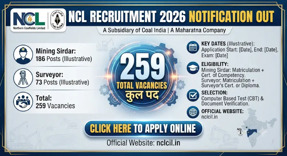 NCL Recruitment 2026 Notification Out for 259 Vacancy (Mining Sirdar & Surveyor) 10 NCL Recruitment 2026