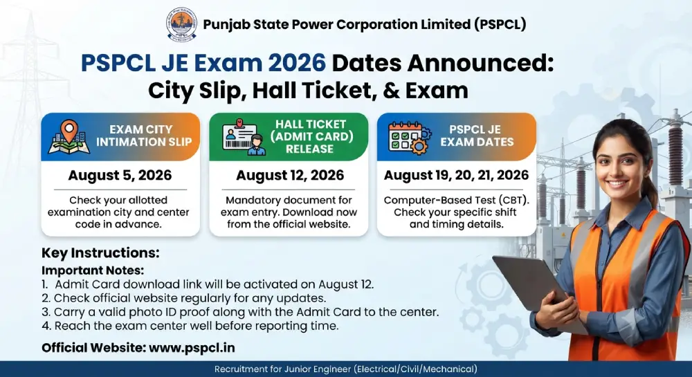 PSPCL JE Exam Date 2026 Out, Hall Ticket, City Slip Dates 6 PSPCL JE Exam Date 2026