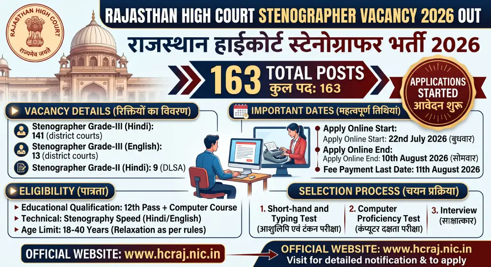 Rajasthan High Court Stenographer Vacancy 2026 Out: राजस्थान हाईकोर्ट स्टेनोग्राफर भर्ती 2026, 163 पदों पर आवेदन शुरू 8 राजस्थान हाईकोर्ट स्टेनोग्राफर भर्ती 2026