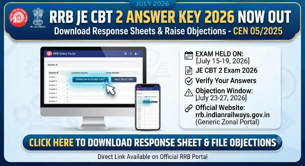 RRB JE CBT 2 Answer Key 2026 Out, Download Response Sheet Link Active CEN 05/2025 5 RRB JE CBT 2 Answer Key 2026