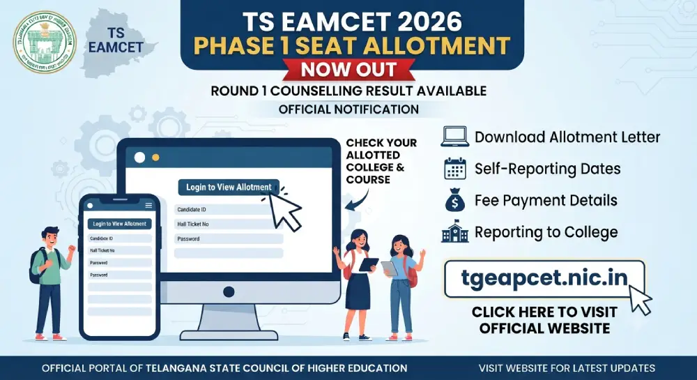 TS EAMCET 2026 Phase 1 Seat Allotment Link at tgeapcet.nic.in, Round 1 Counselling Result 3 TS EAMCET 2026 Phase 1 Seat Allotment