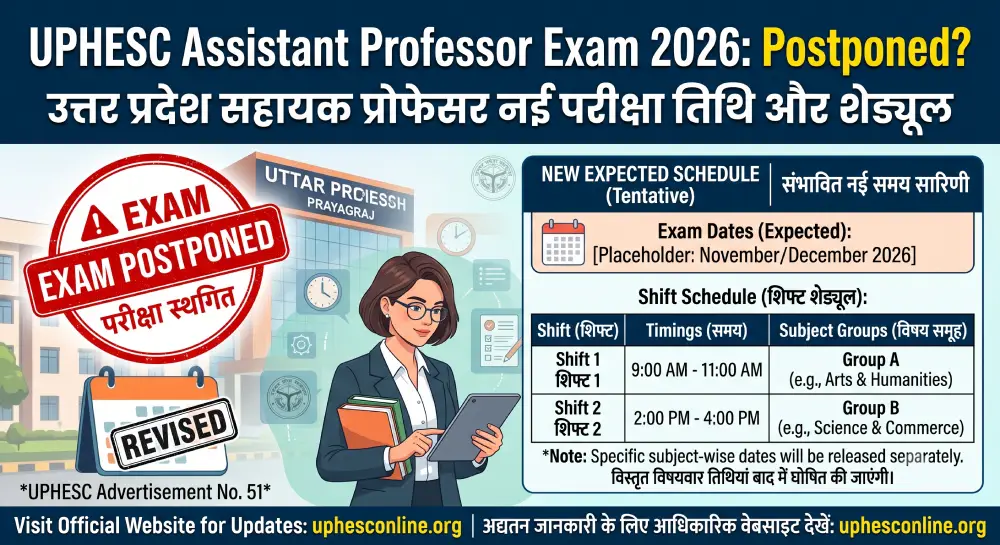 UPHESC Assistant Professor Exam 2026 Postponed? New Exam Date & Shift Schedule | рдЙрддреНрддрд░ рдкреНрд░рджреЗрд╢ рд╕рд╣рд╛рдпрдХ рдкреНрд░реЛрдлреЗрд╕рд░ рдирдИ рдкрд░реАрдХреНрд╖рд╛ рддрд┐рдерд┐ рдФрд░ рд╢реЗрдбреНрдпреВрд▓ 10 UPHESC Assistant Professor Exam 2026 Postponed