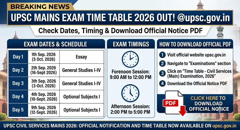 UPSC Mains Exam Time Table 2026 Out @upsc.gov.in, Check Dates, Timing & Download Official Notice PDF 2 UPSC Mains Exam Time Table 2026