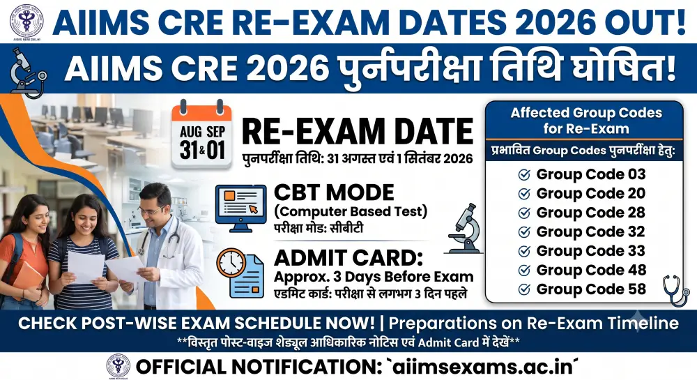 AIIMS CRE Re-Exam 2026 New Date Out: 31 अगस्त और 1 सितंबर को होगी पुनर्परीक्षा, देखें पोस्ट-वाइज शेड्यूल 2 AIIMS CRE Re-Exam 2026
