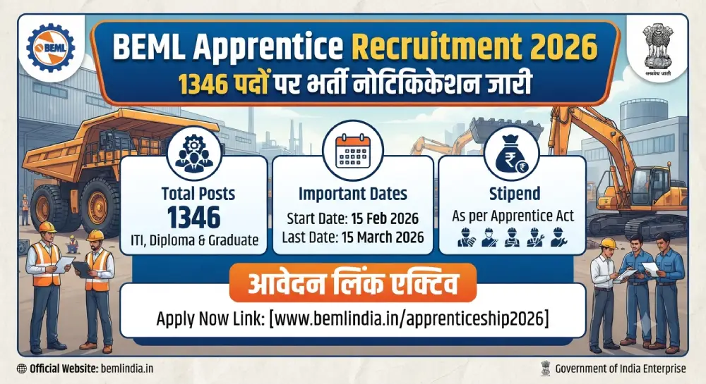 BEML Apprentice Recruitment 2026: 1346 पदों पर भर्ती नोटिफिकेशन जारी, आवेदन लिंक एक्टिव 2 BEML Apprentice Recruitment 2026
