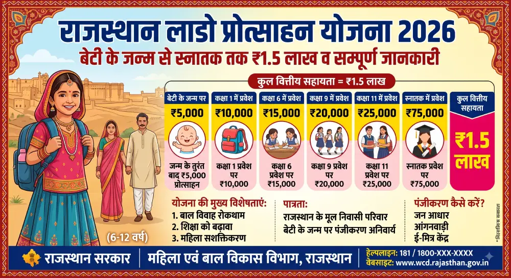 राजस्थान लाडो प्रोत्साहन योजना 2026 - बेटी के जन्म से स्नातक तक ₹1.5 लाख व सम्पूर्ण जानकारी 2 राजस्थान लाडो प्रोत्साहन योजना 2026