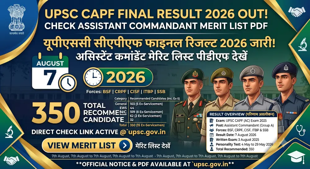 UPSC CAPF Final Result 2026 Out @upsc.gov.in, Assistant Commandant Merit List PDF जारी 2 UPSC CAPF Final Result 2026