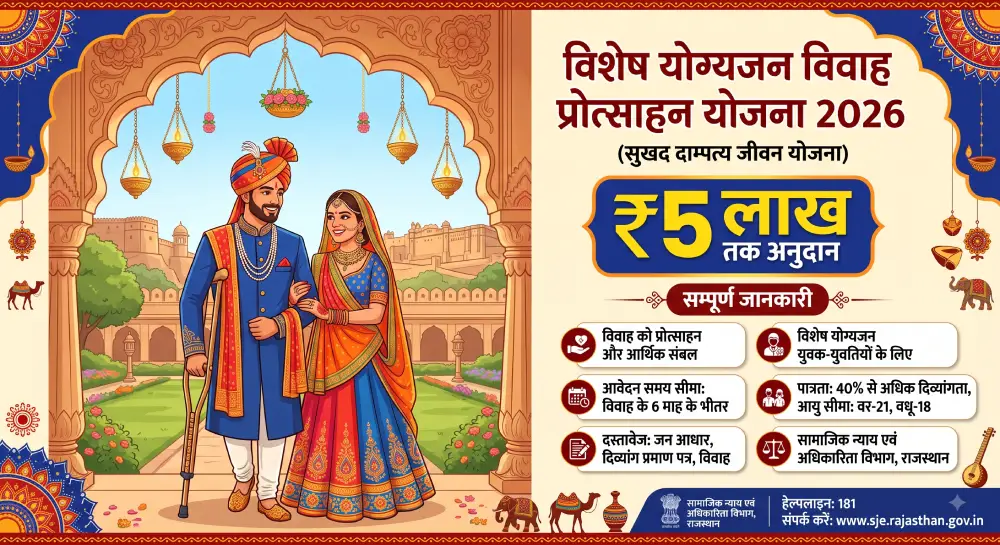 विशेष योग्यजन विवाह प्रोत्साहन योजना 2026 (सुखद दाम्पत्य जीवन योजना) - ₹5 लाख तक अनुदान व सम्पूर्ण जानकारी 9 सुखद दाम्पत्य जीवन योजना